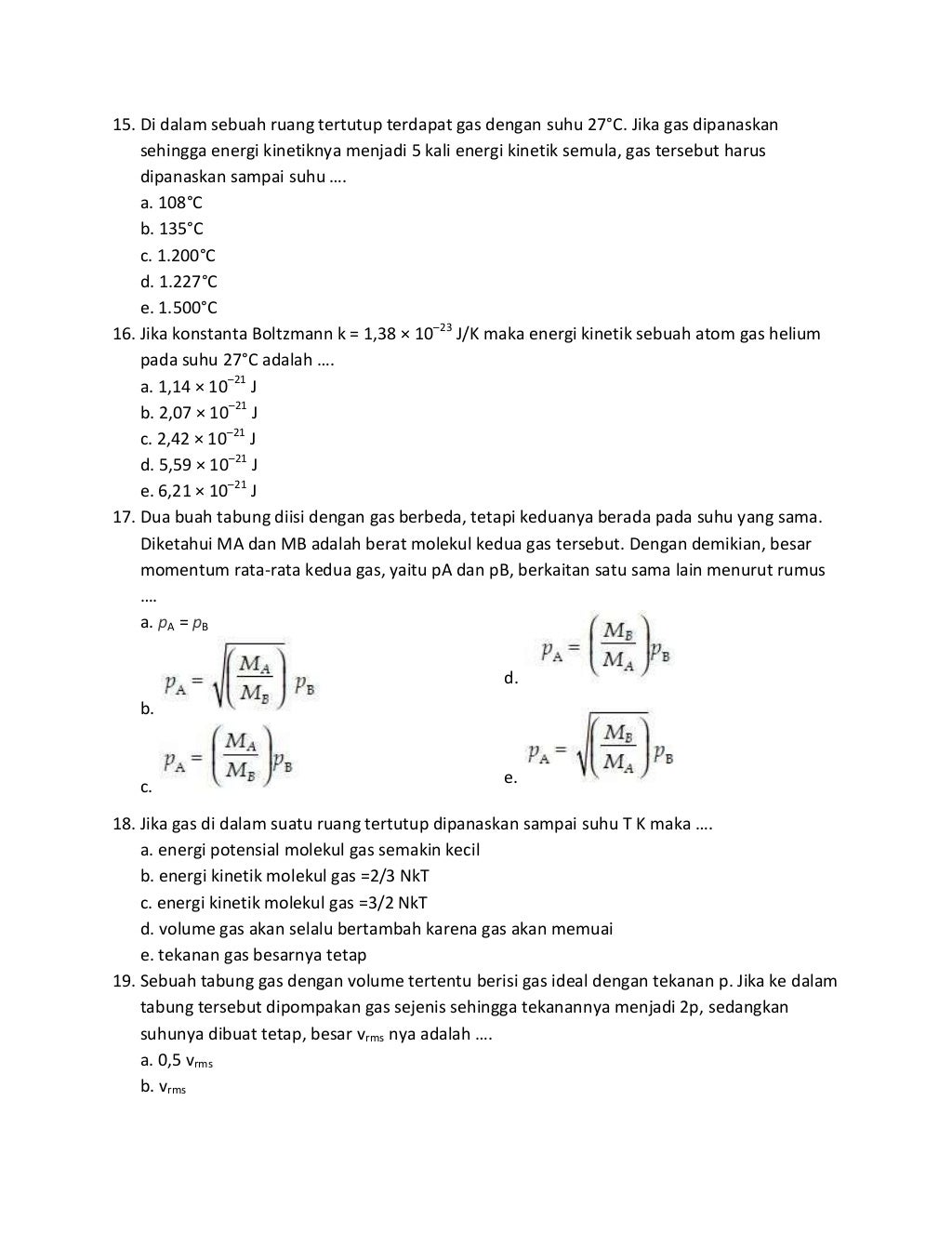 kumpulan soal pilihan ganda teori gas fisika
