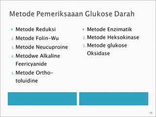 Metode Reduksi Metode Folin-Wu Metode Neucuproine Metodwe Alkaline Feericyanide Metode Ortho-toluidine Metode Enzimatik Metode Heksokinase Metode glukose Oksidase 