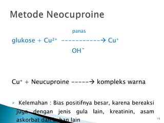 panas glukose + Cu²⁺  -----------   Cu⁺ OH  ̄ Cu⁺ + Neucuproine -----   kompleks warna Kelemahan : Bias positifnya besar, karena bereaksi juga dengan jenis gula lain, kreatinin, asam askorbat dan bahan lain 