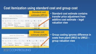 • Standard cost estimate contains
transfer price adjustment from
additive cost estimate – legal
valuation view
• Group costing ignores difference in
costs from plant UWU3 to UWU2 –
group valuation view
Cost itemization using standard cost and group cost
Standard cost
estimate (ZPC1)
Group cost
estimate (ZUGP)
 