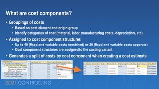 What are cost components?
• Groupings of costs
• Based on cost element and origin group
• Identify categories of cost (material, labor, manufacturing costs, depreciation, etc)
• Assigned to cost component structures
• Up to 40 (fixed and variable costs combined) or 20 (fixed and variable costs separate)
• Cost component structures are assigned to the costing variant
• Generates a split of costs by cost component when creating a cost estimate
 