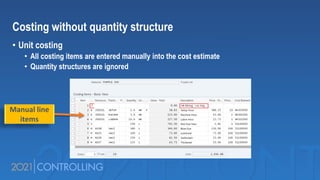 Costing without quantity structure
• Unit costing
• All costing items are entered manually into the cost estimate
• Quantity structures are ignored
Manual line
items
 