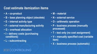 Cost estimate itemization items
• A – co-product
• B – base planning object (obsolete)
• E – internal activity type
• F – external manufacturing activity
• G – overhead allocation
• I – delivery costs (purchasing
conditions)
• L – subcontracting
• M – material
• N – external service
• O – arithmetic operation
• P – business process (manually
processed)
• T – text only (no cost assignment)
• V – manually specified cost (variable
item)
• X – business process (automatic)
 