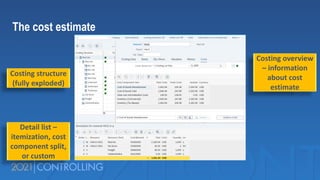 The cost estimate
Costing structure
(fully exploded)
Detail list –
itemization, cost
component split,
or custom
Costing overview
– information
about cost
estimate
 