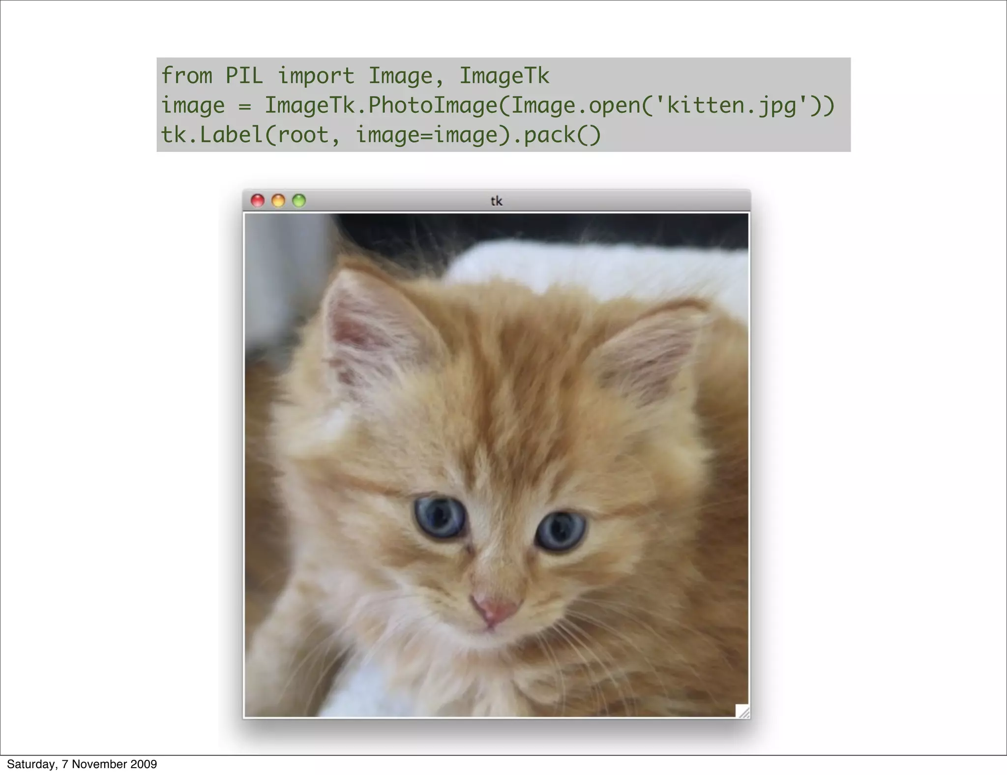 from PIL import Image, ImageTk
                            image = ImageTk.PhotoImage(Image.open('kitten.jpg'))
                            tk.Label(root, image=image).pack()




Saturday, 7 November 2009
 