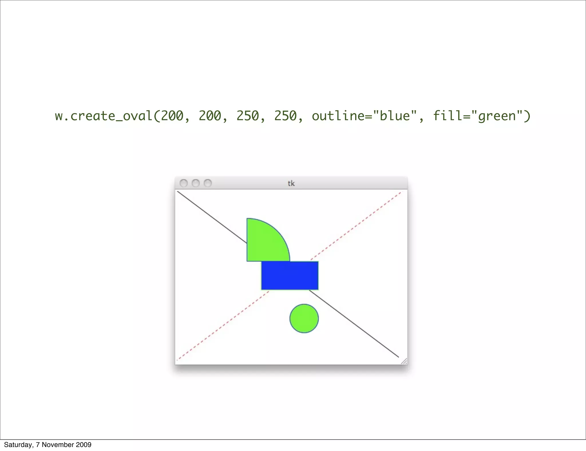 w.create_oval(200, 200, 250, 250, outline="blue", fill="green")




Saturday, 7 November 2009
 
