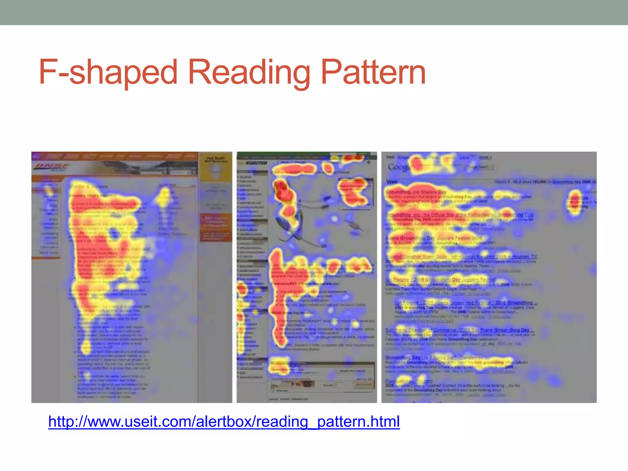 F-shaped Reading Pattern 
http://www.useit.com/alertbox/reading_pattern.html 
 