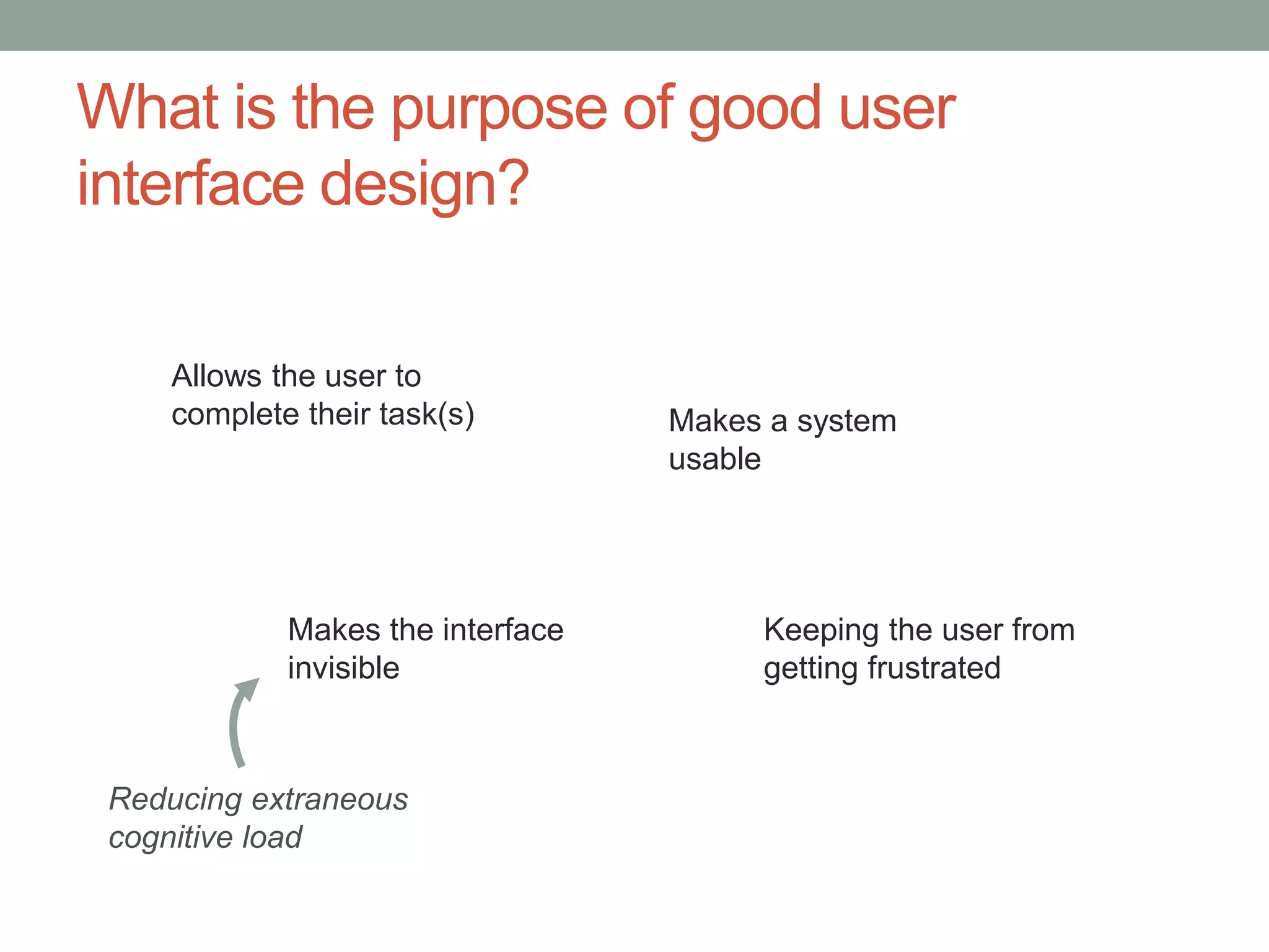 What is the purpose of good user 
interface design? 
Makes a system 
usable 
Allows the user to 
complete their task(s) 
Keeping the user from 
getting frustrated 
Makes the interface 
invisible 
Reducing extraneous 
cognitive load 
 