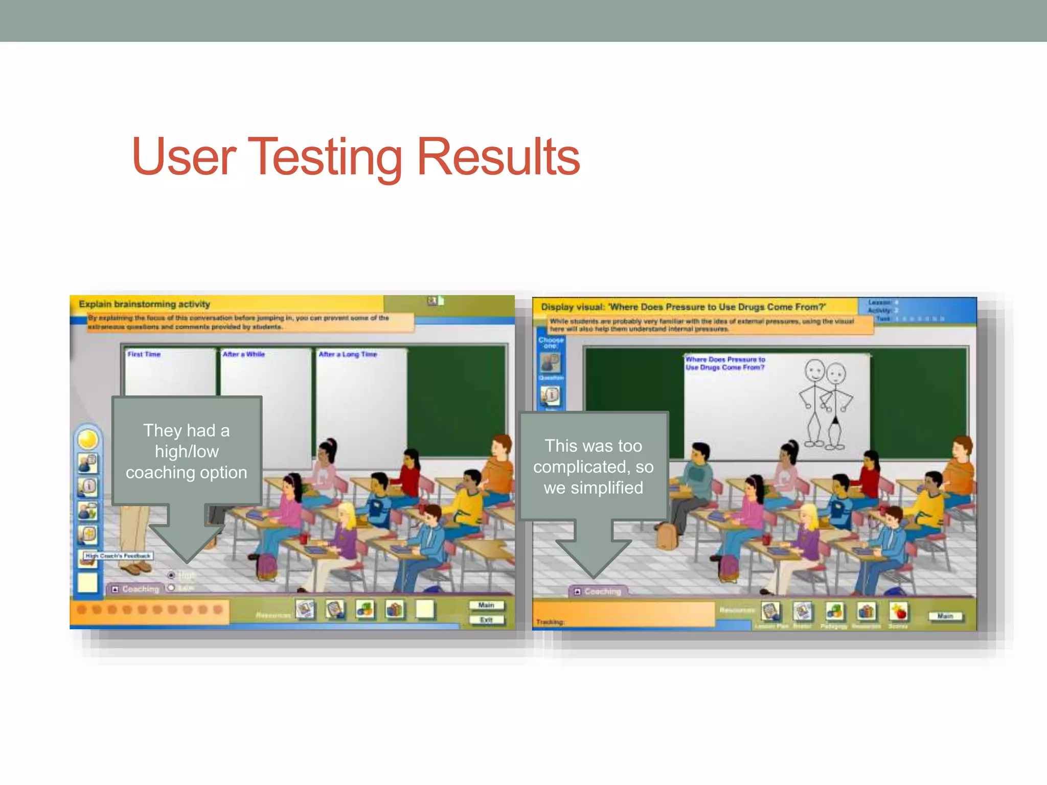 User Testing Results 
They had a 
high/low 
coaching option 
This was too 
complicated, so 
we simplified 
 