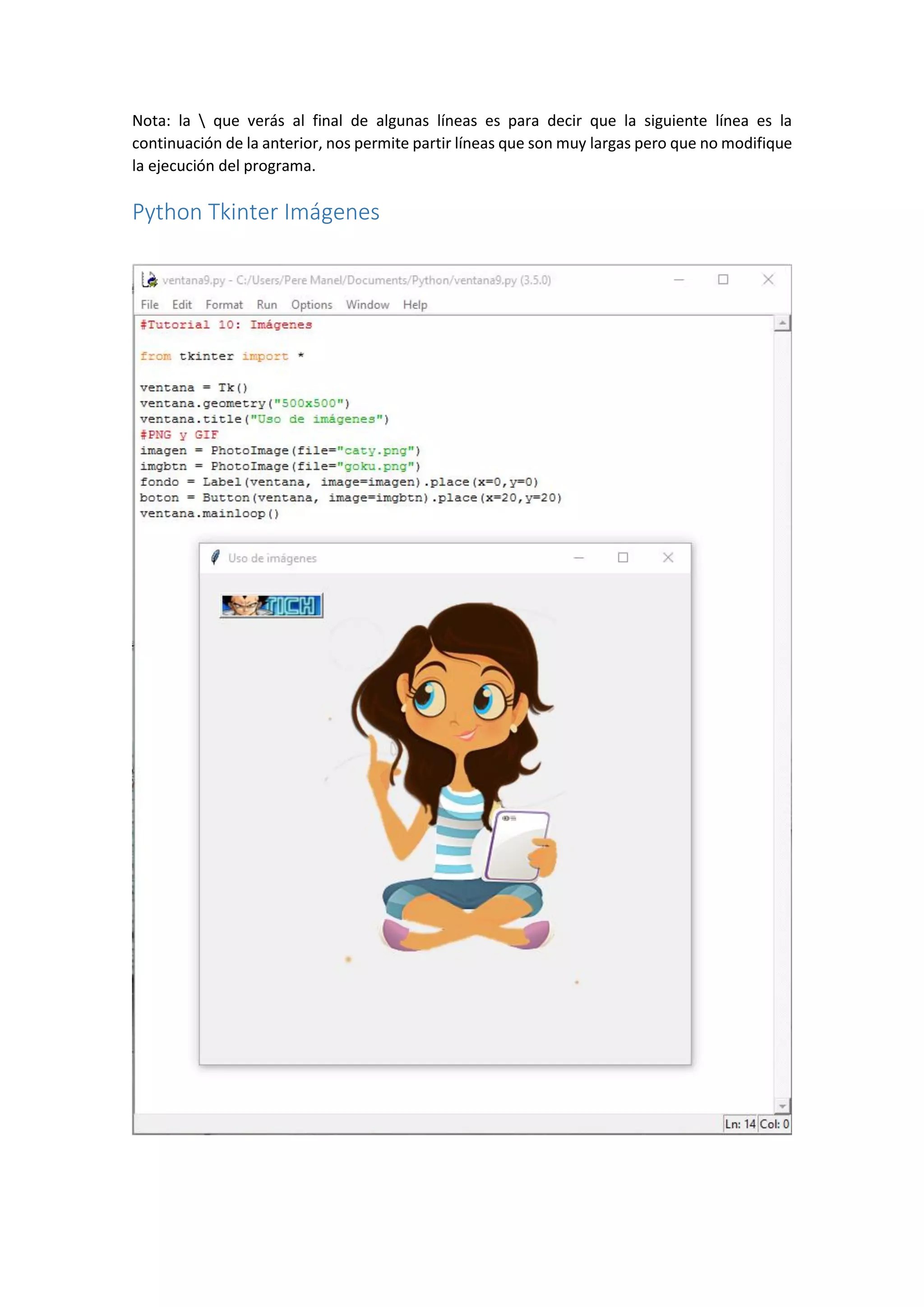 Nota: la  que verás al final de algunas líneas es para decir que la siguiente línea es la
continuación de la anterior, nos permite partir líneas que son muy largas pero que no modifique
la ejecución del programa.
Python Tkinter Imágenes
 