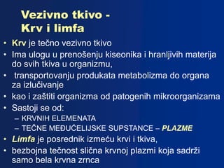 Vezivno tkivo -
Krv i limfa
• Krv je tečno vezivno tkivo
• Ima ulogu u prenošenju kiseonika i hranljivih materija
do svih tkiva u organizmu,
• transportovanju produkata metabolizma do organa
za izlučivanje
• kao i zaštiti organizma od patogenih mikroorganizama
• Sastoji se od:
– KRVNIH ELEMENATA
– TEČNE MEĐUĆELIJSKE SUPSTANCE – PLAZME
• Limfa je posrednik izmeću krvi i tkiva,
• bezbojna tečnost slična krvnoj plazmi koja sadrži
samo bela krvna zrnca
 