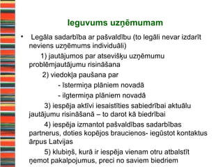 Ieguvums uzņēmumam
•    Legāla sadarbība ar pašvaldību (to legāli nevar izdarīt
    neviens uzņēmums individuāli)
        1) jautājumos par atsevišķu uzņēmumu
    problēmjautājumu risināšana
        2) viedokļa paušana par
              - īstermiņa plāniem novadā
              - ilgtermiņa plāniem novadā
         3) iespēja aktīvi iesaistīties sabiedrībai aktuālu
    jautājumu risināšanā – to darot kā biedrībai
         4) iespēja izmantot pašvaldības sadarbības
    partnerus, doties kopējos braucienos- iegūstot kontaktus
    ārpus Latvijas
         5) klubiņš, kurā ir iespēja vienam otru atbalstīt
    ņemot pakalpojumus, preci no saviem biedriem
 