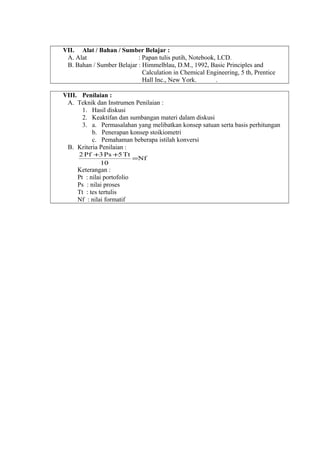 VII. Alat / Bahan / Sumber Belajar :
A. Alat : Papan tulis putih, Notebook, LCD.
B. Bahan / Sumber Belajar : Himmelblau, D.M., 1992, Basic Principles and
Calculation in Chemical Engineering, 5 th, Prentice
Hall Inc., New York. .
VIII. Penilaian :
A. Teknik dan Instrumen Penilaian :
1. Hasil diskusi
2. Keaktifan dan sumbangan materi dalam diskusi
3. a. Permasalahan yang melibatkan konsep satuan serta basis perhitungan
b. Penerapan konsep stoikiometri
c. Pemahaman beberapa istilah konversi
B. Kriteria Penilaian :
Nf
10
Tt5Ps3Pf2
=
++
Keterangan :
Pt : nilai portofolio
Ps : nilai proses
Tt : tes tertulis
Nf : nilai formatif
 