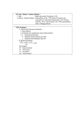VII.Alat / Bahan / Sumber Belajar :
1. Alat : Papan tulis putih, Notebook, LCD.
2. Bahan / Sumber Belajar : Himmelblau, D.M., 1992, Basic Principles and
Calculation in Chemical Engineering, 5 th, Prentice
Hall Inc., New York Holman, J.B., 1988, perpindahan
kalor, Erlangga,Jakarta.
VIII. Penilaian :
A. Teknik dan Instrumen Penilaian :
1. Hasil diskusi
2. Keaktifan dan sumbangan materi dalam diskusi
3. a. Jelaskan perilaku gas
b. Jabarkan hukum-hukum gas ideal
c. Jelaskan kesetimbangan uap-cair
B. Kriteria Penilaian :
Nf
10
Tt5Ps3Pf2
=
++
Keterangan :
Pt : nilai portofolio
Ps : nilai proses
Tt : tes tertulis
Nf : nilai formatif
 