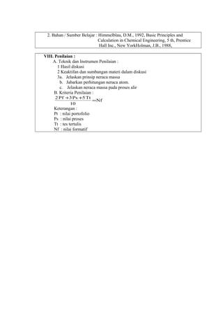 2. Bahan / Sumber Belajar : Himmelblau, D.M., 1992, Basic Principles and
Calculation in Chemical Engineering, 5 th, Prentice
Hall Inc., New YorkHolman, J.B., 1988,
VIII. Penilaian :
A. Teknik dan Instrumen Penilaian :
1 Hasil diskusi
2 Keaktifan dan sumbangan materi dalam diskusi
3a. Jelaskan prinsip neraca massa
b. Jabarkan perhitungan neraca atom.
c. Jelaskan neraca massa pada proses alir
B. Kriteria Penilaian :
Nf
10
Tt5Ps3Pf2
=
++
Keterangan :
Pt : nilai portofolio
Ps : nilai proses
Tt : tes tertulis
Nf : nilai formatif
 