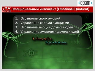 Эмоциональный интеллект (Emotional Quotient)
1. Осознание своих эмоций
2. Управление своими эмоциями
3. Осознание эмоций других людей
4. Управление эмоциями других людей
 