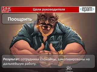 Цели руководителя
Результат: сотрудники спокойны, замотивированы на
дальнейшую работу.
Поощрить
 