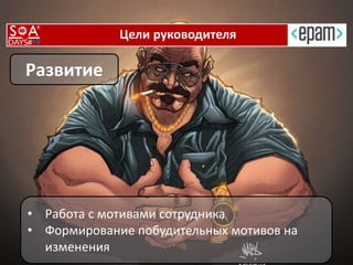 Цели руководителя
Развитие
• Работа с мотивами сотрудника
• Формирование побудительных мотивов на
изменения
 
