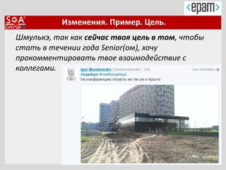 Изменения. Пример. Цель.
Шмулькэ, так как сейчас твоя цель в том, чтобы
стать в течении года Senior(ом), хочу
прокомментировать твое взаимодействие с
коллегами.
 