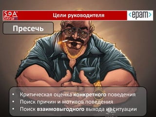 Цели руководителя
• Критическая оценка конкретного поведения
• Поиск причин и мотивов поведения
• Поиск взаимовыгодного выхода из ситуации
Пресечь
 