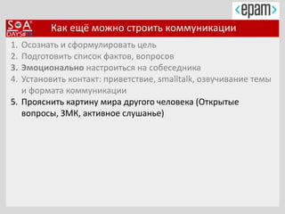 Как ещё можно строить коммуникации
1. Осознать и сформулировать цель
2. Подготовить список фактов, вопросов
3. Эмоционально настроиться на собеседника
4. Установить контакт: приветствие, smalltalk, озвучивание темы
и формата коммуникации
5. Прояснить картину мира другого человека (Открытые
вопросы, ЗМК, активное слушанье)
 