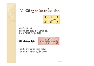 VI. Công thức thấu kính
1

1 1
+ =
′

d > 0: vật thật
d’ > 0: ảnh thật, d’ < 0: vật ảo.
f > 0: TKHT, f < 0: TKPK

Số phóng đại:

=

′

=−

′

k > 0: ảnh và vật cùng chiều.
k < 0: ảnh và vật ngược chiều.

Lee Ein

 