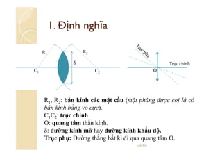 1. Định nghĩa
R2

R1
δ
C1

Trục chính
O

C2

R1, R2: bán kính các mặt cầu (mặt phẳng được coi là có
bán kính bằng vô cực).
C1C2: trục chính.
O: quang tâm thấu kính.
δ: đường kính mở hay đường kính khẩu độ.
Trục phụ: Đường thằng bất kì đi qua quang tâm O.
Lee Ein

 