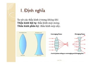 1. Định nghĩa
Ta xét các thấu kính ở trong không khí:
Thấu kính hội tụ: thấu kính mép mỏng.
Thấu kính phân kỳ: thấu kính mép dày.

Lee Ein

 