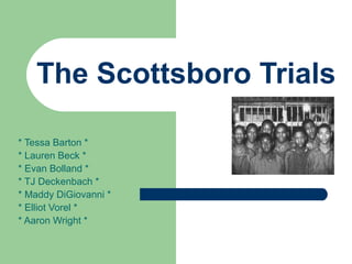 The Scottsboro Trials
* Tessa Barton *
* Lauren Beck *
* Evan Bolland *
* TJ Deckenbach *
* Maddy DiGiovanni *
* Elliot Vorel *
* Aaron Wright *
 