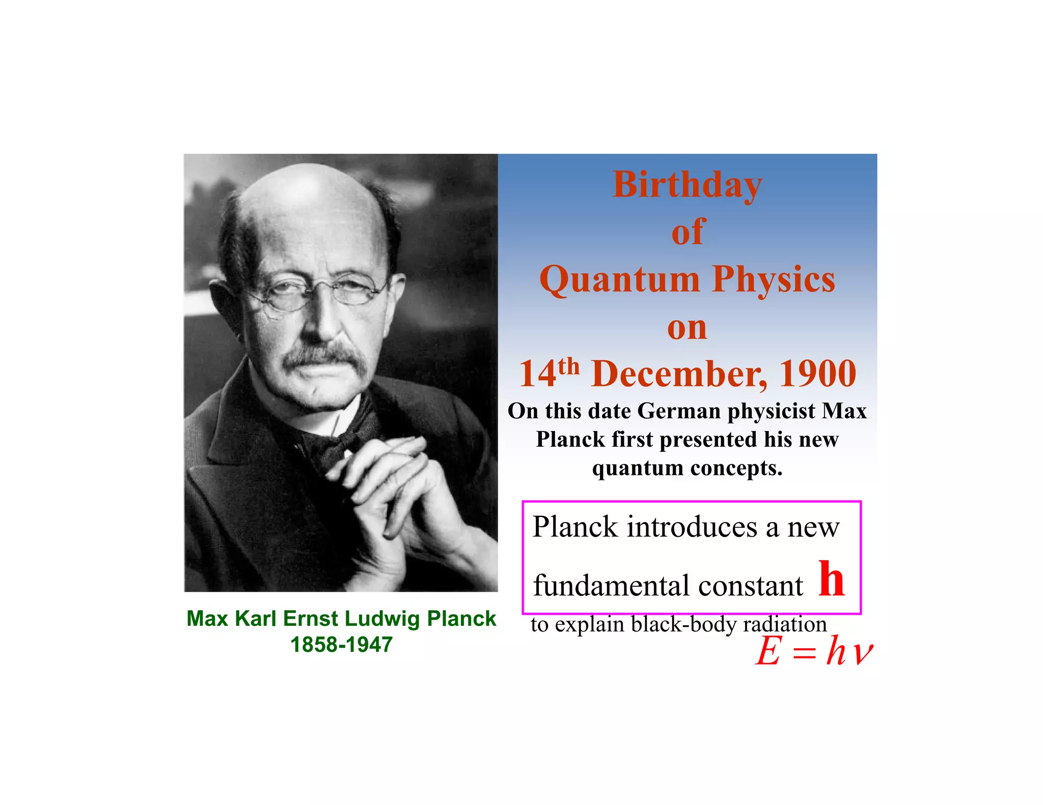 Birthday
of
Quantum Physics
on
14th December, 1900
On this date German physicist Max
Planck first presented his new
quantum concepts.
Max Karl Ernst Ludwig Planck
1858-1947

h
E 
Planck introduces a new
fundamental constant h
to explain black-body radiation
 