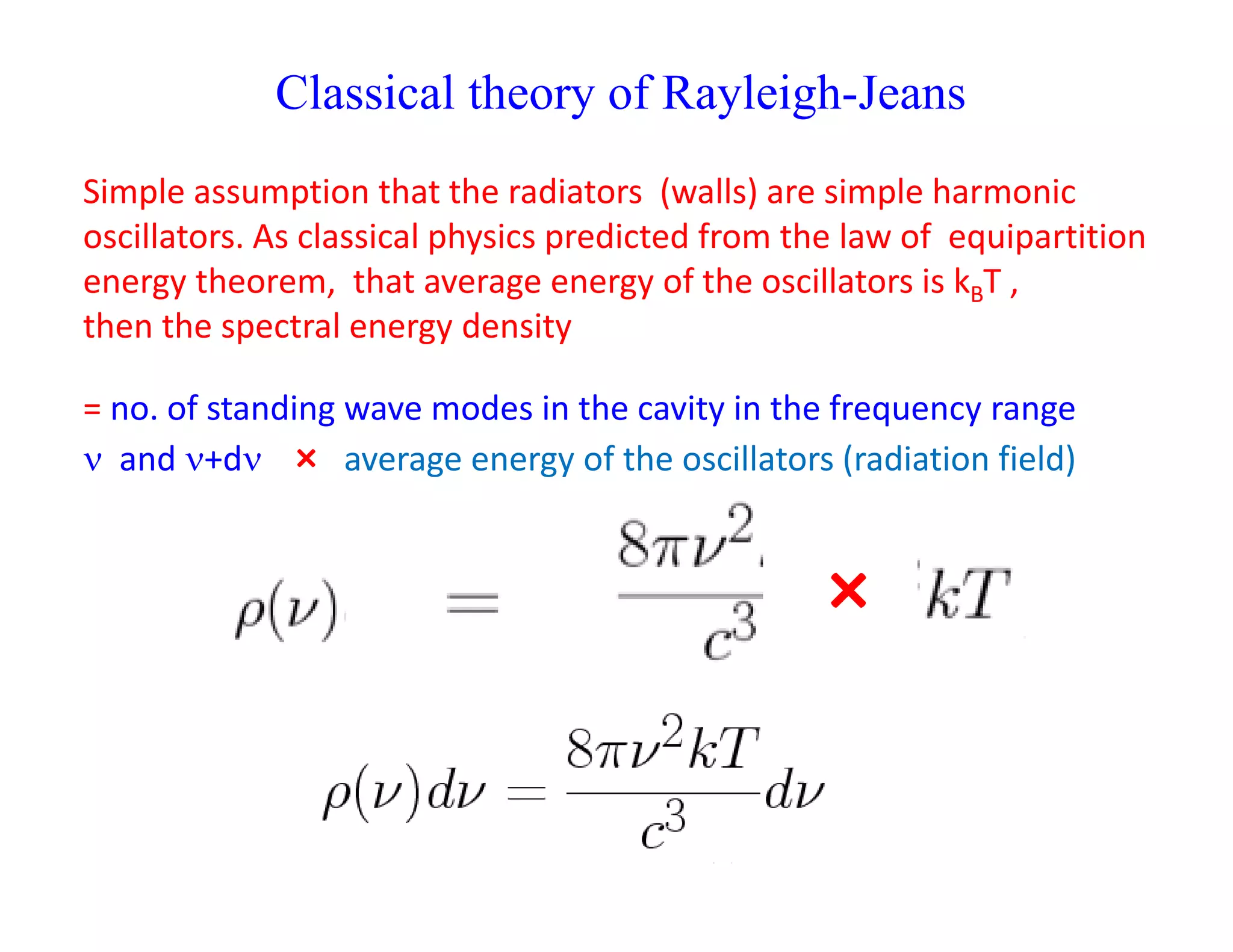 Simple assumption that the radiators (walls) are simple harmonic
oscillators. As classical physics predicted from the law of equipartition
energy theorem, that average energy of the oscillators is kBT ,
then the spectral energy density
= no. of standing wave modes in the cavity in the frequency range
 and +d × average energy of the oscillators (radiation field)
×
Classical theory of Rayleigh-Jeans
 