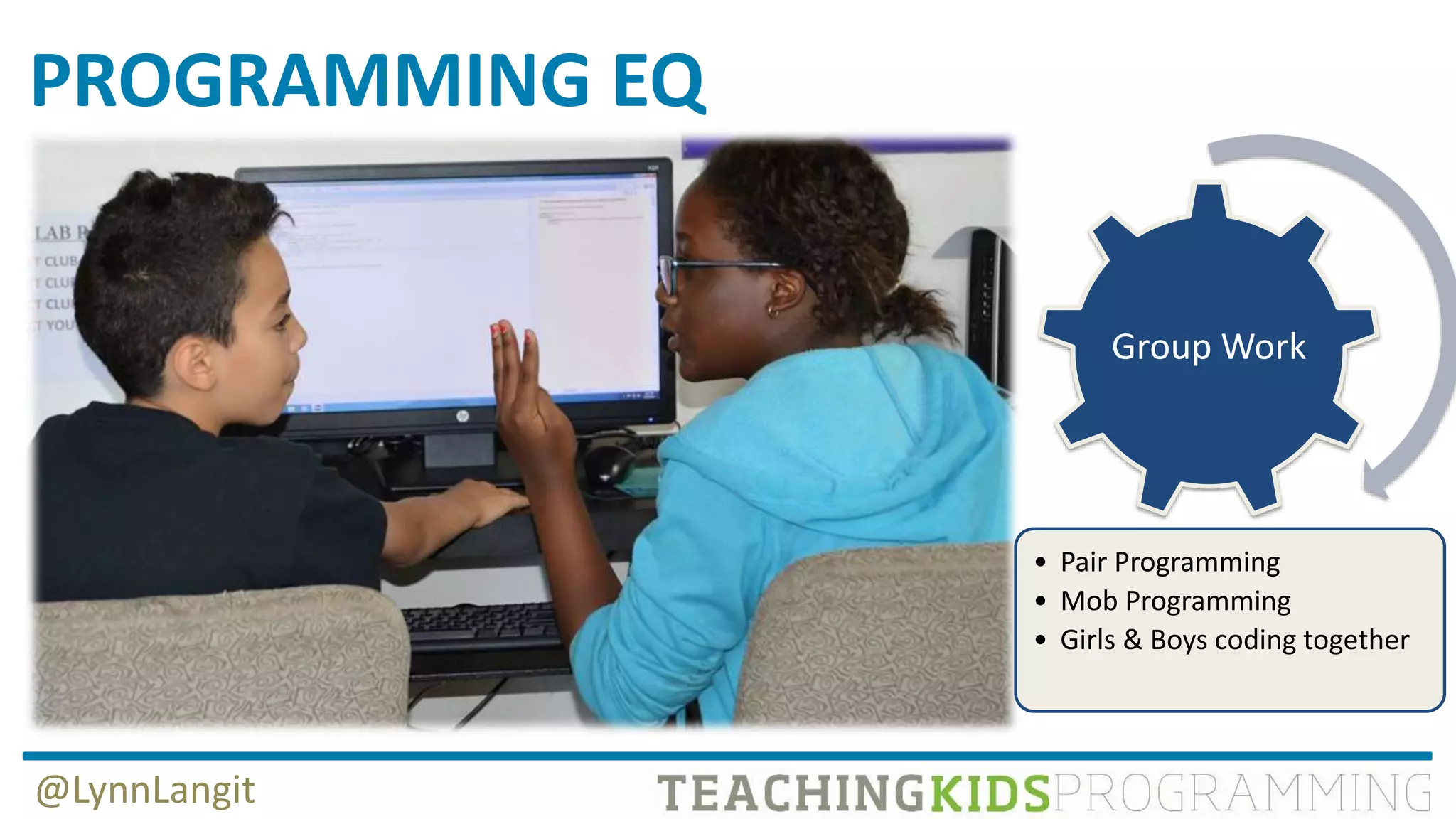 PROGRAMMING EQ
Group Work
• Pair Programming
• Mob Programming
• Girls & Boys coding together
@LynnLangit
 