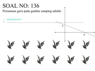 SOAL NO: 136
Persamaan garis pada gambar samping adalah :
• PEMBAHASAN.
• .................................................................................................................................................
2
6
 