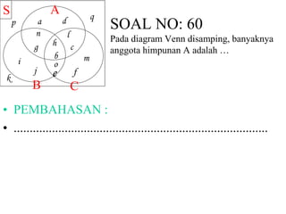 SOAL NO: 60 
Pada diagram Venn disamping, banyaknya 
anggota himpunan A adalah … 
S A 
a 
n 
g h 
b 
c 
d 
l 
o 
e f 
j 
B C 
i 
k 
m 
p 
q 
• PEMBAHASAN : 
• ................................................................................ 
 
