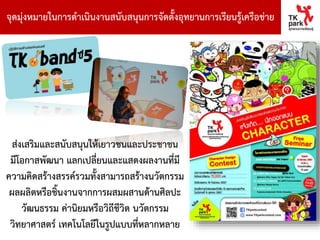 จุดมุ่งหมายในการดาเนินงานสนับสนุนการจัดตั้งอุทยานการเรียนรู้เครือข่าย
ส่งเสริมและสนับสนุนให้เยาวชนและประชาชน
มีโอกาสพัฒนา แลกเปลี่ยนและแสดงผลงานที่มี
ความคิดสร้างสรรค์รวมทั้งสามารถสร้างนวัตกรรม
ผลผลิตหรือชิ้นงานจากการผสมผสานด้านศิลปะ
วัฒนธรรม ค่านิยมหรือวิถีชีวิต นวัตกรรม
วิทยาศาสตร์ เทคโนโลยีในรูปแบบที่หลากหลาย
 