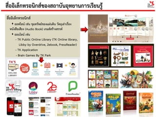 สื่ออิเล็กทรอนิกส์ของสถาบันอุทยานการเรียนรู้
สื่ออิเล็กทรอนิกส์
 ออฟไลน์ เช่น ขุมทรัพย์ของแผ่นดิน วัตถุเล่าเรื่อง
หนังสือเสียง (Audio Book) เกมส์สร้างสรรค์
 ออนไลน์ เช่น
- TK Public Online Library (TK Online library,
Libby by Overdrive, 2ebook, PressReader)
- TK Application
- Brain Games By TK Park
 