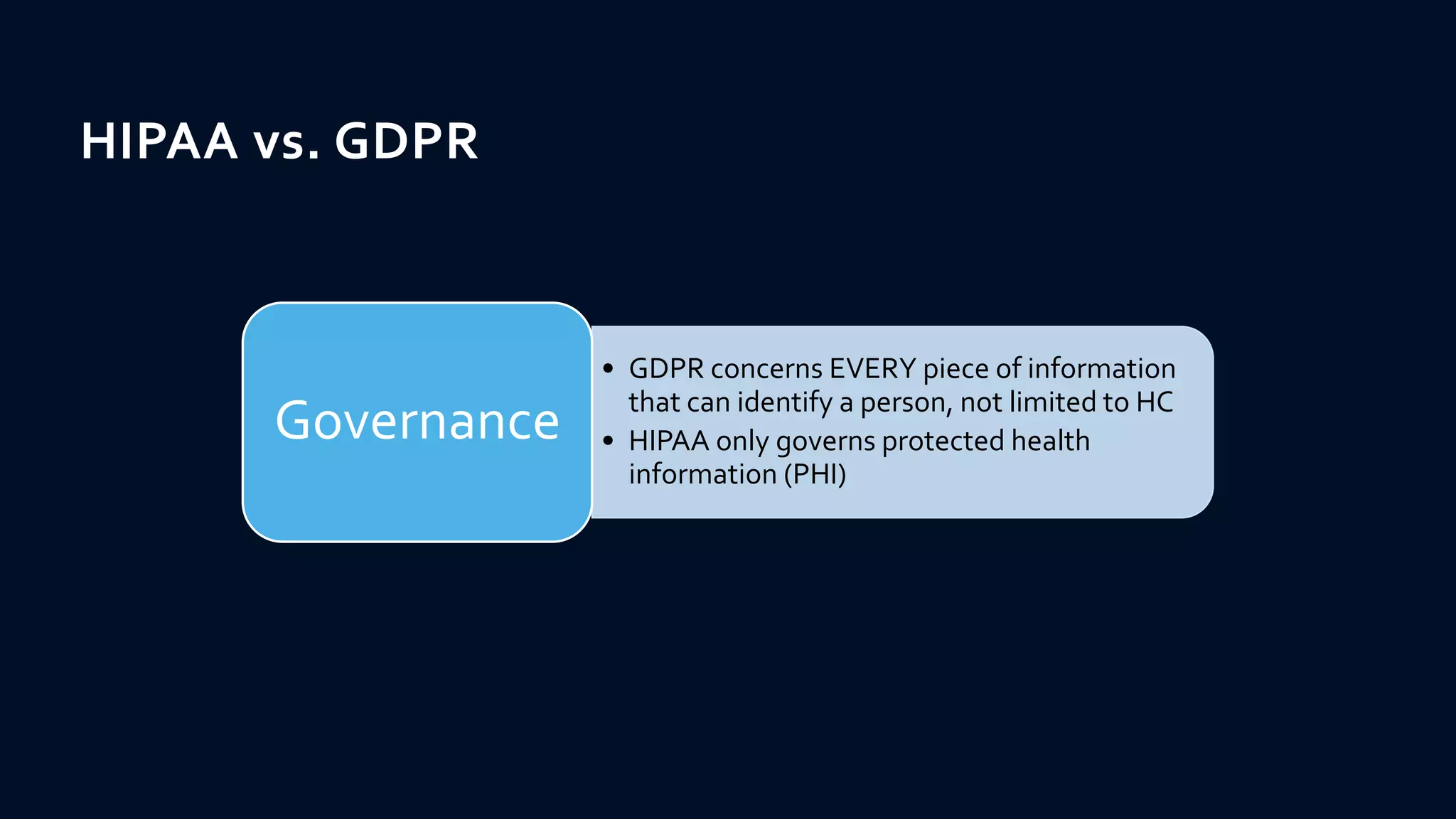 • GDPR concerns EVERY piece of information
that can identify a person, not limited to HC
• HIPAA only governs protected health
information (PHI)
Governance
HIPAA vs. GDPR
 