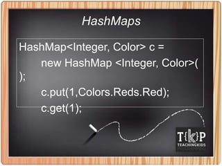 HashMaps
HashMap<Integer, Color> c =
new HashMap <Integer, Color>(
);
c.put(1,Colors.Reds.Red);
c.get(1);
 