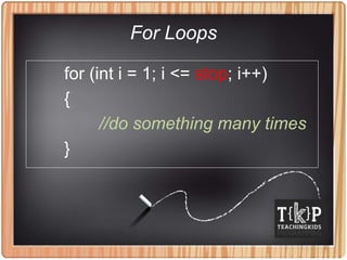 For Loops
for (int i = 1; i <= stop; i++)
{
//do something many times
}
 