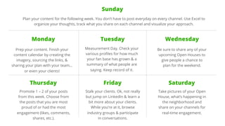 Monday Tuesday 
Prep your content. Finish your 
content calendar by creating the 
imagery, sourcing the links, & 
sharing ...