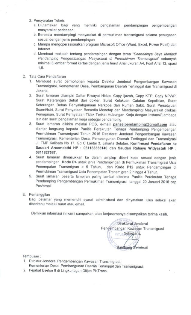 TENAGA PENDAMPING PERMUKIMAN TRANSMIGRASI" TAHUN 2016 = Tkpmp