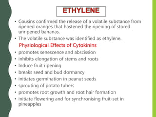 • Cousins confirmed the release of a volatile substance from
ripened oranges that hastened the ripening of stored
unripened bananas.
• The volatile substance was identified as ethylene.
Physiological Effects of Cytokinins
• promotes senescence and abscission
• inhibits elongation of stems and roots
• Induce fruit ripening
• breaks seed and bud dormancy
• initiates germination in peanut seeds
• sprouting of potato tubers
• promotes root growth and root hair formation
• initiate flowering and for synchronising fruit-set in
pineapples
 