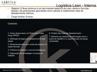 Logística Lean - Interna Objetivo: O fluxo contínuo é um dos maiores objetivos do Lean, dentro e fora das plantas. Os participantes aprenderão como calcular e implementar rotas de abastecimento internas.  Carga horária: 8 horas Conteúdo: 1. Como desenvolver um Plano para Cada Peça (PPCP)  2. Definição da lógica de abastecimento das peças 3. Dimensionamento dos níveis de estoque no supermercado 4. Critérios de seleção e uso de embalagens 5. Disposição da embalagem no posto de trabalho 6. Projeto das rotas de abastecimento  7. Desenho do sistema de informação entre o posto de trabalho e o supermercado de peças compradas 