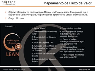 Mapeamento de Fluxo de Valor Conteúdo: Objetivo: Capacitar os participantes a Mapear um Fluxo de Valor. Para garantir que o Mapa Futuro vai sair do papel, os participantes aprenderão a utilizar o formulário A3.  Carga : 16 horas 1. O que é Lean? 2. O Mapeamento de Fluxo de Valor  3. Exercício teórico: Mapa do Estado  4. Atual da Empresa TWI 5. Aplicação prática: Mapa do Estado Atual de um processo da Empresa  6. Conceitos de Manufatura Enxuta  7. Exercício teórico: Mapa do Estado  8. Futuro da Empresa TWI  9. Aplicação prática: o Mapa do Estado Futuro de um processo da empresa  11. Exercício teórico: Elaboração do Plano de Ação para a Empresa TWI 13. Aplicação prática: Elaboração do Pano de Ação para o processo da Empresa  14. Apresentação dos Planos para a Gerência (A3)  