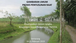 GAMBARAN UMUM
PROSES PENYUSUNAN RAAT
Disampaikan dalam rangka
Bimbingan Teknis Sekretariat TKPSDA
Semarang
18-21 Pebruari 2019
 