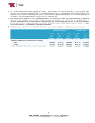 (1) As a result of Stonepeak's acquisition of Teekay LNG Partners L.P. (Teekay LNG) (now known as Seapeak LLC) in January 2022, certain
information in this release presents Teekay LNG and various subsidiaries that provided the shore-based operations for Teekay LNG and certain
of Teekay LNG’s joint ventures under management services contracts (collectively, the Teekay Gas Business) as a discontinued operation of the
Company, and historical comparative periods presented have been recast as a result.
(2) Loss from discontinued operations for the six months ended June 30, 2022 includes a $58.7 million loss on deconsolidation of the Teekay Gas
Business. Net loss attributable to non-controlling interests, discontinued operations for the six months ended June 30, 2022 includes the
realization of a deferred gain of $84.8 million relating to the intercompany sale of certain vessels from Teekay to the Teekay Gas Business in
previous years, which was recognized upon the sale of the Teekay Gas Business in January 2022. Together, these items resulted in a net gain
of $26.2 million related to the deconsolidation of the Teekay Gas Business.
(3) Weighted-average number of common shares outstanding includes common shares related to non-forfeitable stock-based compensation.
Three Months Ended Six Months Ended
June 30, March 31, June 30, June 30, June 30,
2023 2023 2022 2023 2022
(unaudited) (unaudited) (unaudited) (unaudited) (unaudited)
Weighted-average number of common shares outstanding
- Basic 94,396,675 98,521,611 102,498,138 96,447,748 102,423,057
- Diluted 96,754,345 100,476,663 104,651,667 98,605,221 102,423,057
Number of outstanding shares of common stock at end of period 91,374,909 96,027,318 101,872,208 91,374,909 101,872,208
8
Teekay Corporation Investor Relations Tel: +1 604 609 2963 www.teekay.com
4th
Floor, Belvedere Building, 69 Pitts Bay Road, Hamilton, HM 08, Bermuda
 