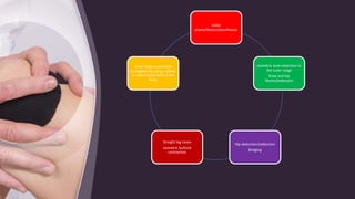 Ankle
plantarflexion/dorsiflexion
Isometric knee extension in
the outer range
Knee and hip
flexion/extension
Hip abduction/adduction
Bridging
Straight leg raises
Isometric buttock
contraction
Inner range quadriceps
strengthening using a pillow
or rolled towel behind the
knee
 