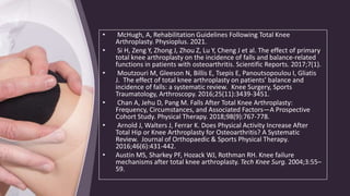 • McHugh, A, Rehabilitation Guidelines Following Total Knee
Arthroplasty. Physioplus. 2021.
• Si H, Zeng Y, Zhong J, Zhou Z, Lu Y, Cheng J et al. The effect of primary
total knee arthroplasty on the incidence of falls and balance-related
functions in patients with osteoarthritis. Scientific Reports. 2017;7(1).
• Moutzouri M, Gleeson N, Billis E, Tsepis E, Panoutsopoulou I, Gliatis
J. The effect of total knee arthroplasty on patients’ balance and
incidence of falls: a systematic review. Knee Surgery, Sports
Traumatology, Arthroscopy. 2016;25(11):3439-3451.
• Chan A, Jehu D, Pang M. Falls After Total Knee Arthroplasty:
Frequency, Circumstances, and Associated Factors—A Prospective
Cohort Study. Physical Therapy. 2018;98(9):767-778.
• Arnold J, Walters J, Ferrar K. Does Physical Activity Increase After
Total Hip or Knee Arthroplasty for Osteoarthritis? A Systematic
Review. Journal of Orthopaedic & Sports Physical Therapy.
2016;46(6):431-442.
• Austin MS, Sharkey PF, Hozack WJ, Rothman RH. Knee failure
mechanisms after total knee arthroplasty. Tech Knee Surg. 2004;3:55–
59.
 