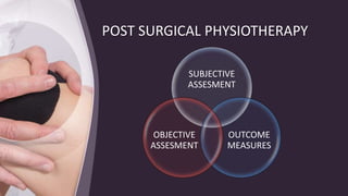 POST SURGICAL PHYSIOTHERAPY
SUBJECTIVE
ASSESMENT
OUTCOME
MEASURES
OBJECTIVE
ASSESMENT
 