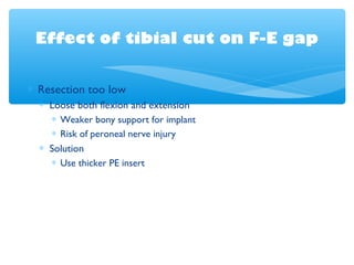 Effect of tibial cut on F-E gap
∗ Resection too low
∗ Loose both flexion and extension
∗ Weaker bony support for implant
∗ Risk of peroneal nerve injury
∗ Solution
∗ Use thicker PE insert
 